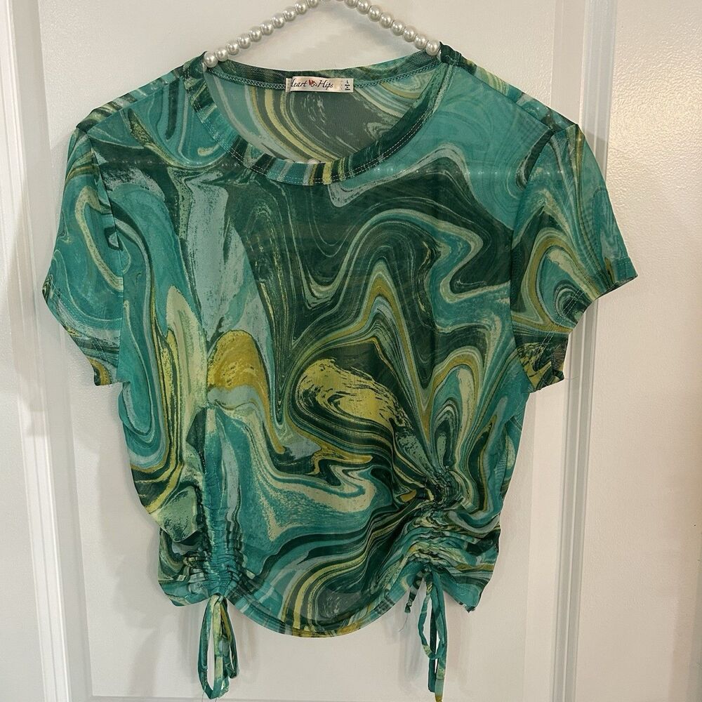 Heart & Hips Green Marbled Large Mesh Top Short Sleeve Sheer Festival Coachella
